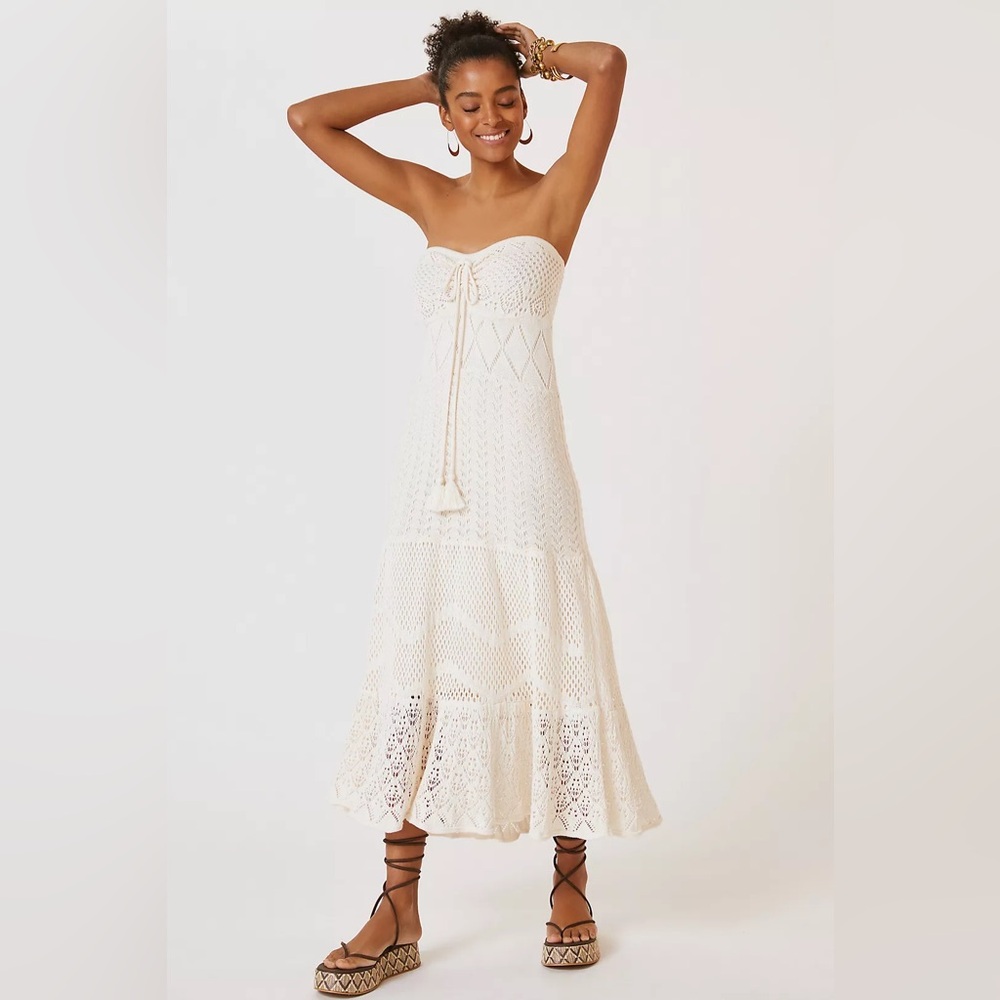 FARM Rio Cream Strapless Crochet Midi Dress